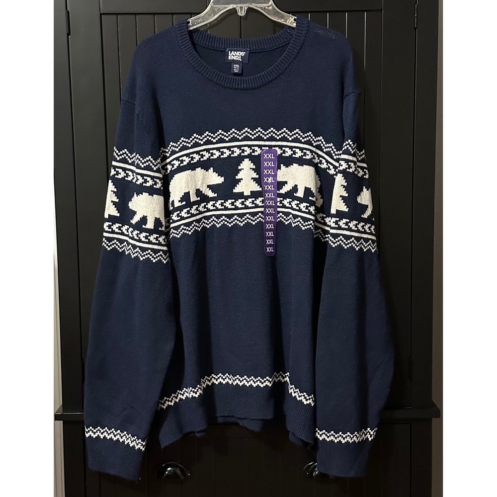 Lands'‎ End Sweater XXL Navy Bear Fair Isle Cabin Lodge Nordic Winter